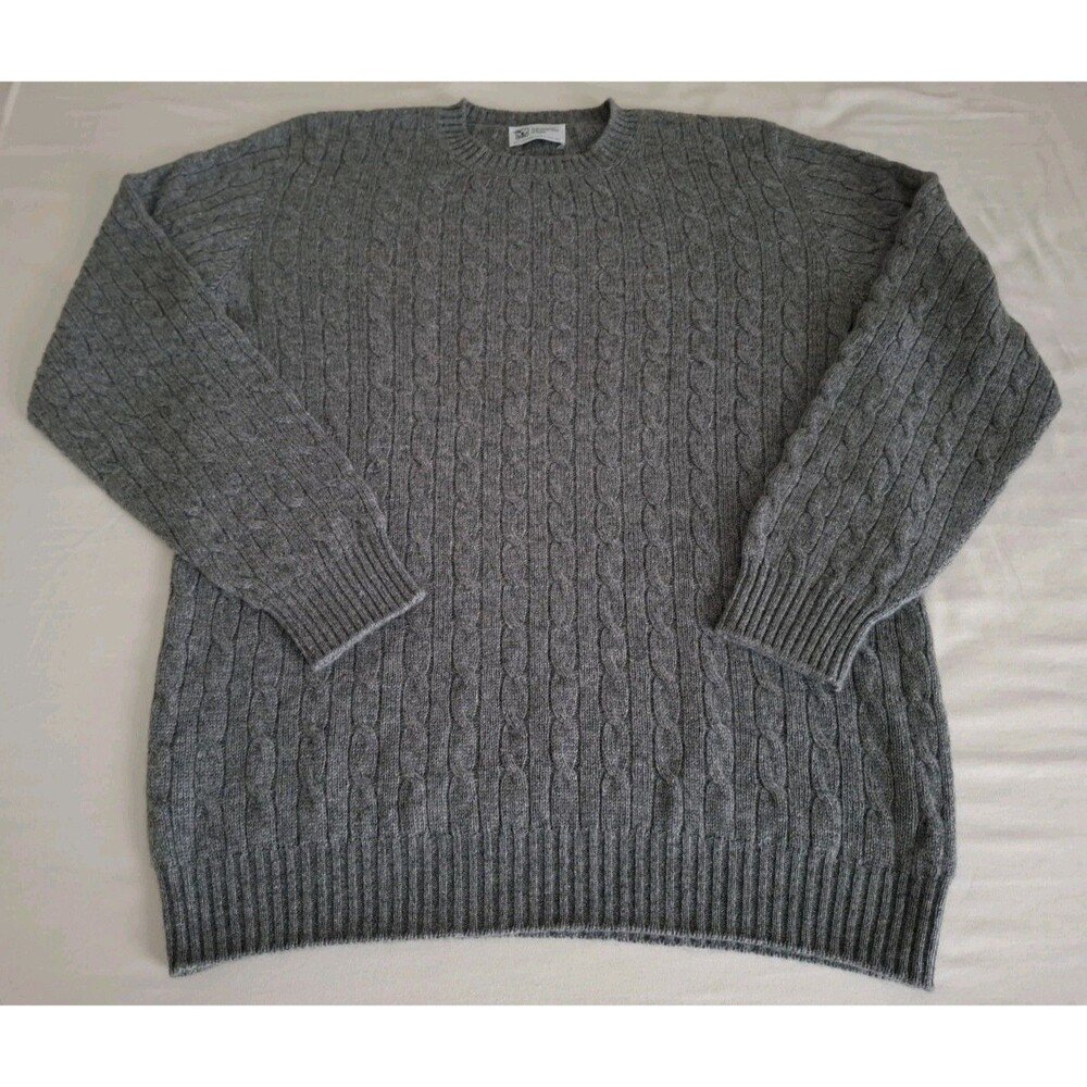 Johnstons Of Elgin Men’s Jumper Sweater Cable Knit Sz L 100% Cashmere Gray EUC